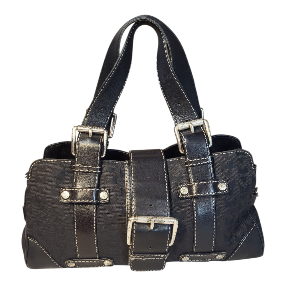 Vintage Michael Kors Pebbled Leather Monogramed Canvas Handbag Buckle Accent